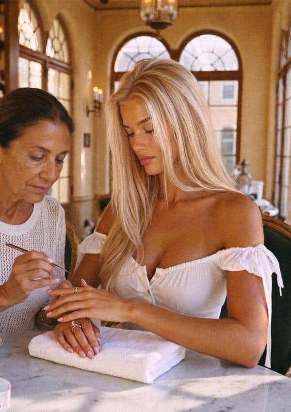 Victoria van der Berg having a manicure at a small salon in Portofino