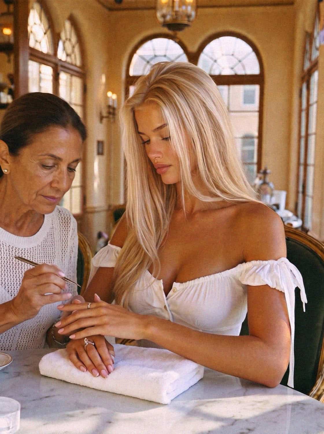 Victoria van der Berg having a manicure at a small salon in Portofino