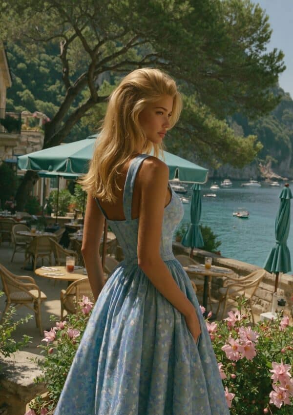 Victoria in a pale blue gown on a Portofino terrace under a green umbrella