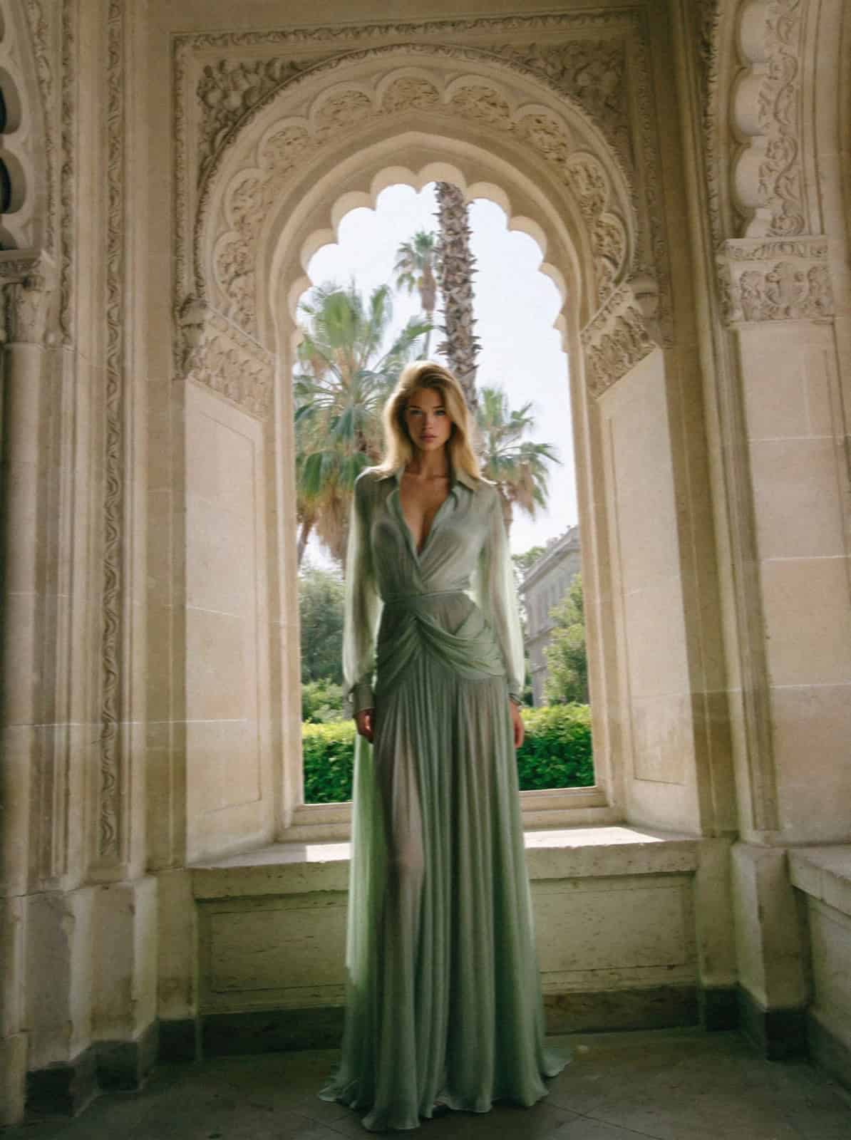 Victoria Van Der Berg in a gown framed by a Moorish arch at a villa in Ravello
