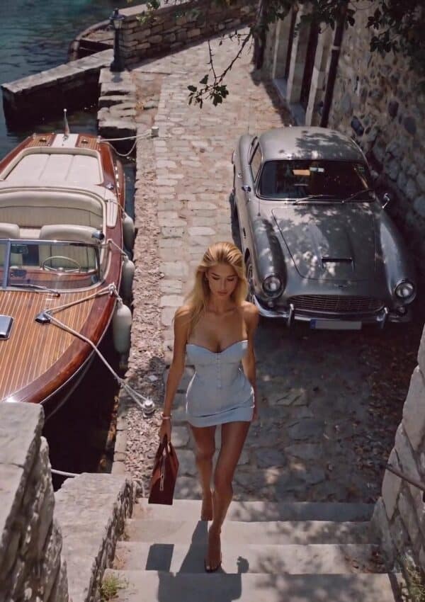 Victoria Van Der Berg beside a Riva and a silver Aston Martin, Lake Como