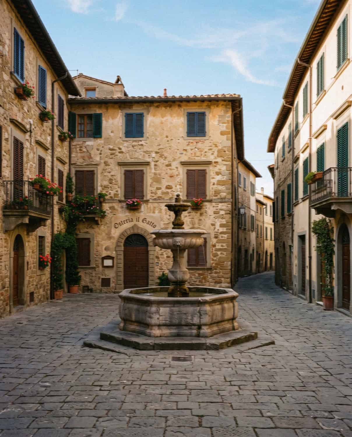 A stone piazza with a fountain in a Tuscan hill town
