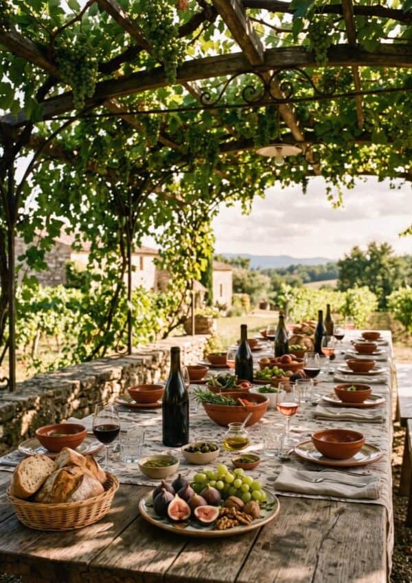 A long lunch table set under a vine pergola in Tuscany