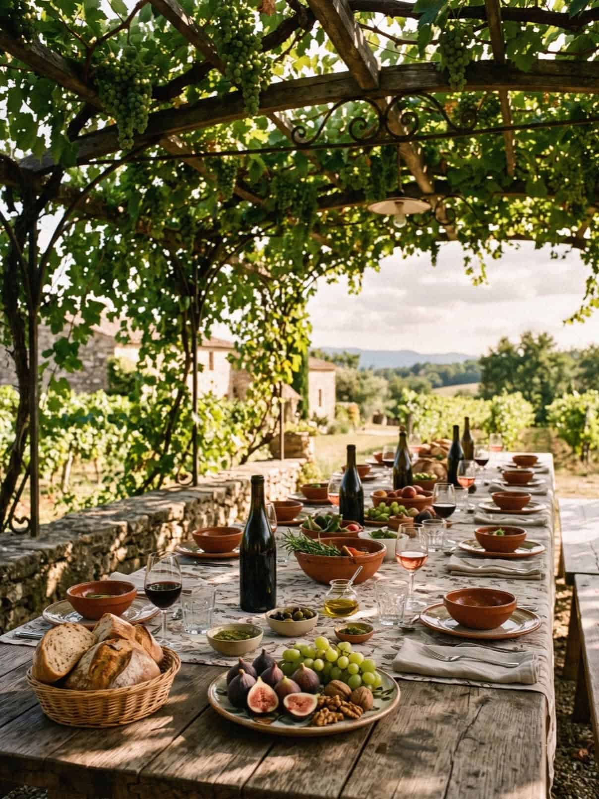 A long lunch table set under a vine pergola in Tuscany