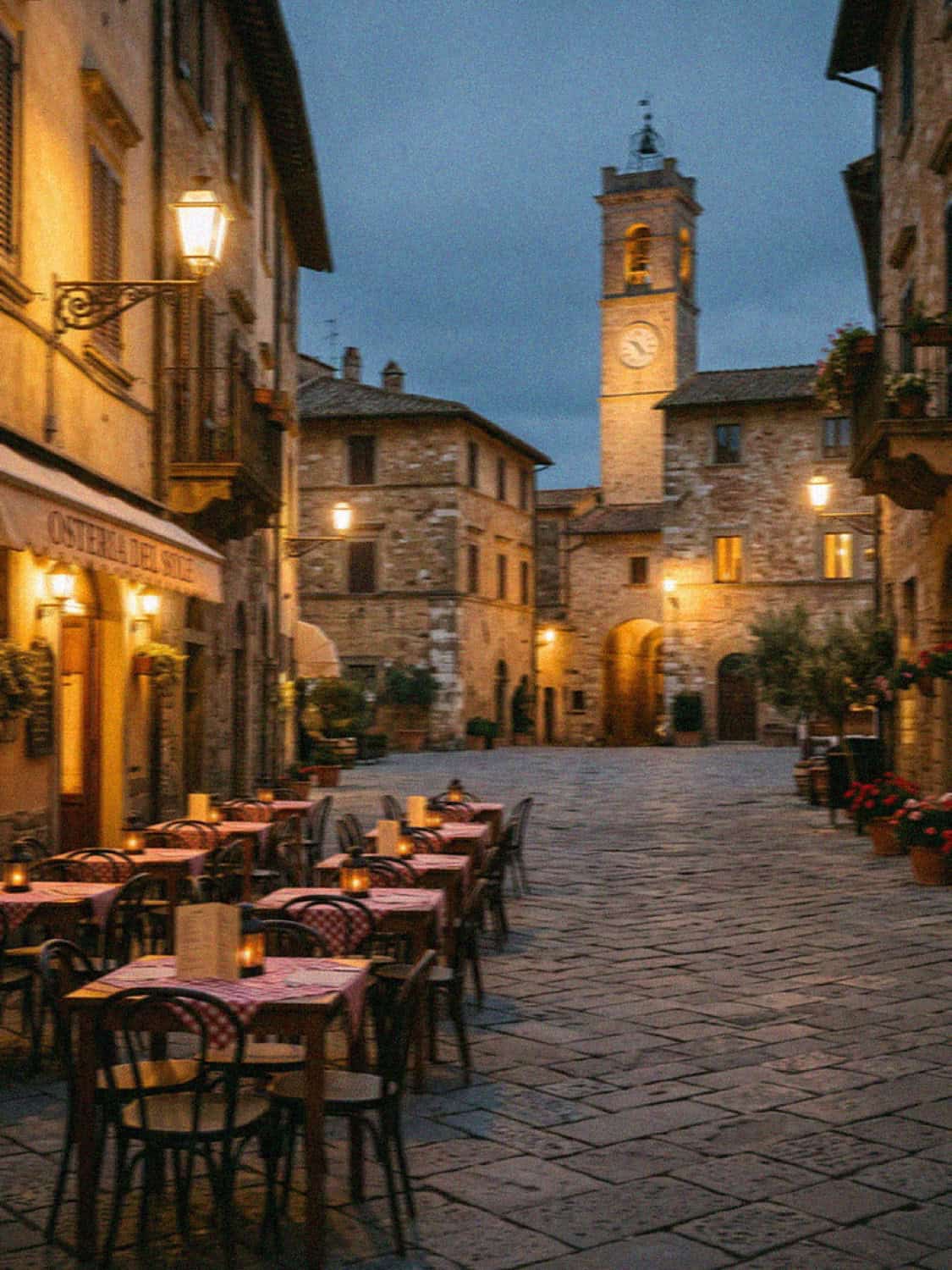 A Tuscan town piazza with tables at dusk beneath a lit clock tower