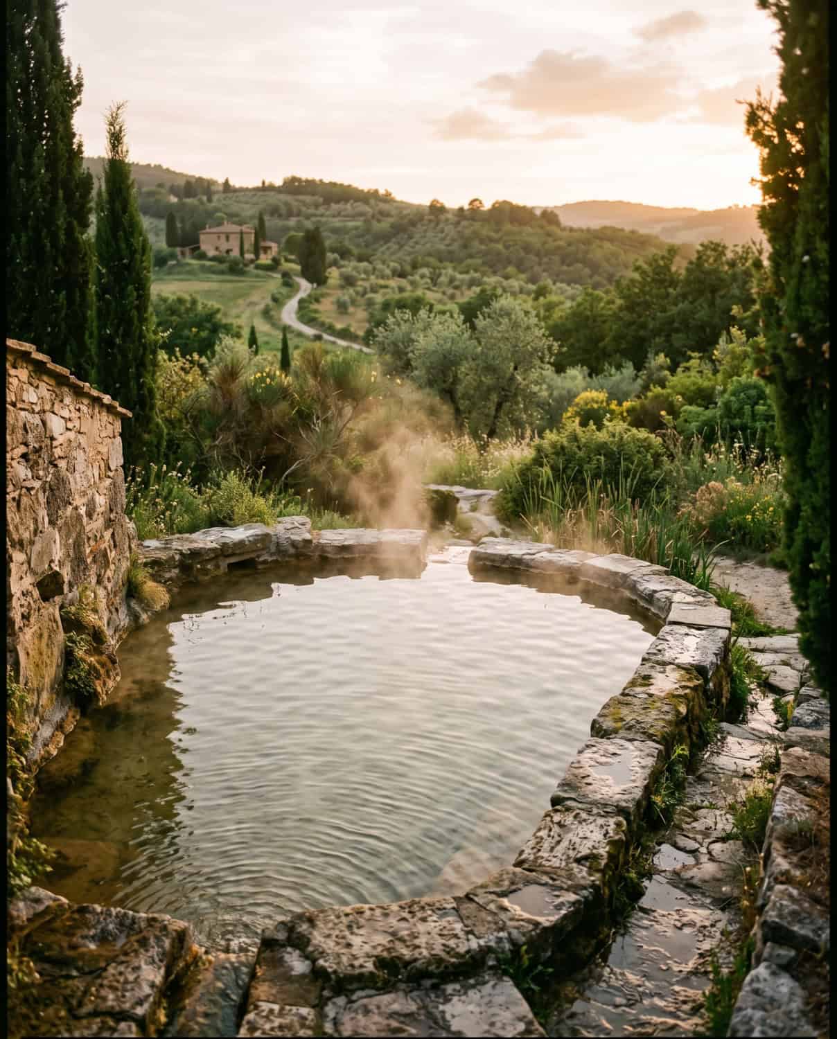 A natural thermal pool of warm water in the Tuscan countryside