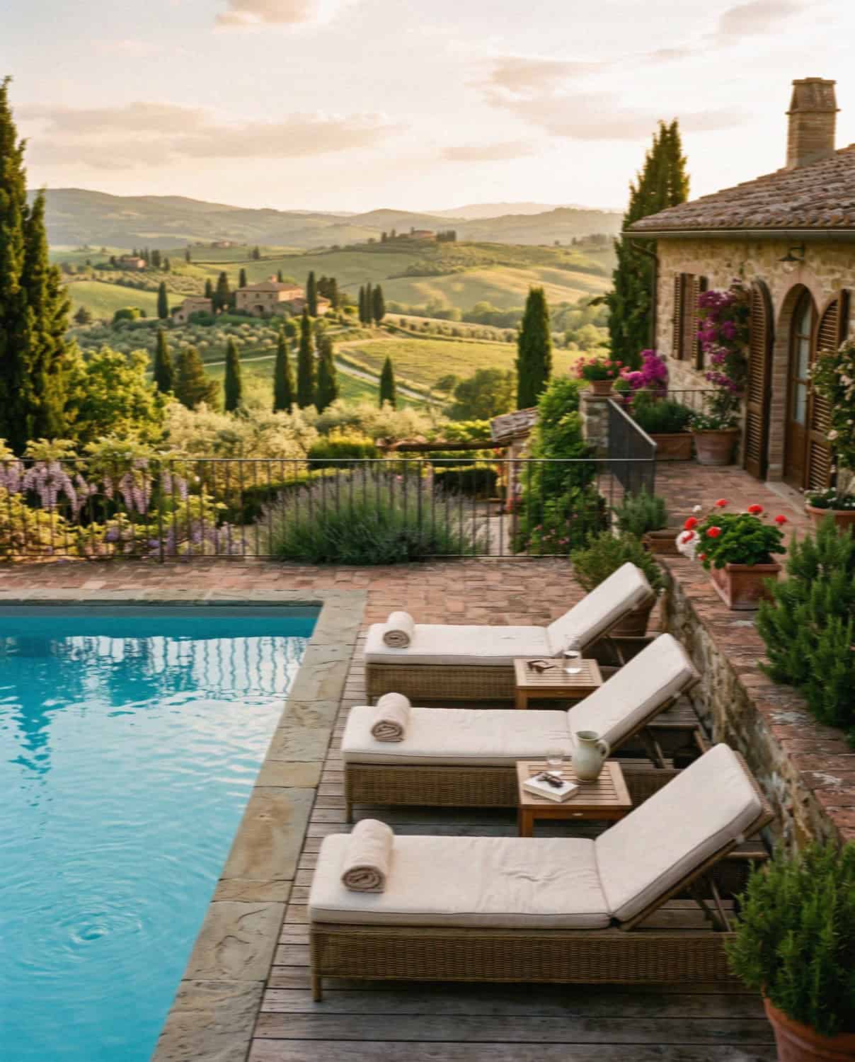 A villa pool with loungers overlooking the Tuscan hills