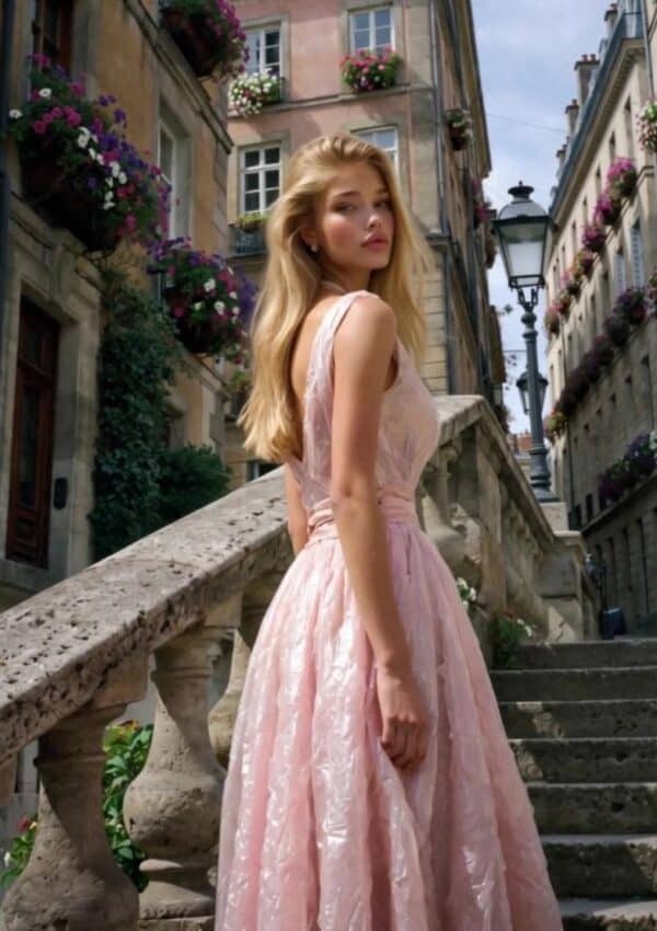 Victoria Van Der Berg on a stone staircase in Varenna, Lake Como