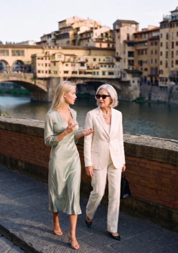 Victoria Vanderberg and her aunt walking by the Arno near the Ponte Vecchio in Florence
