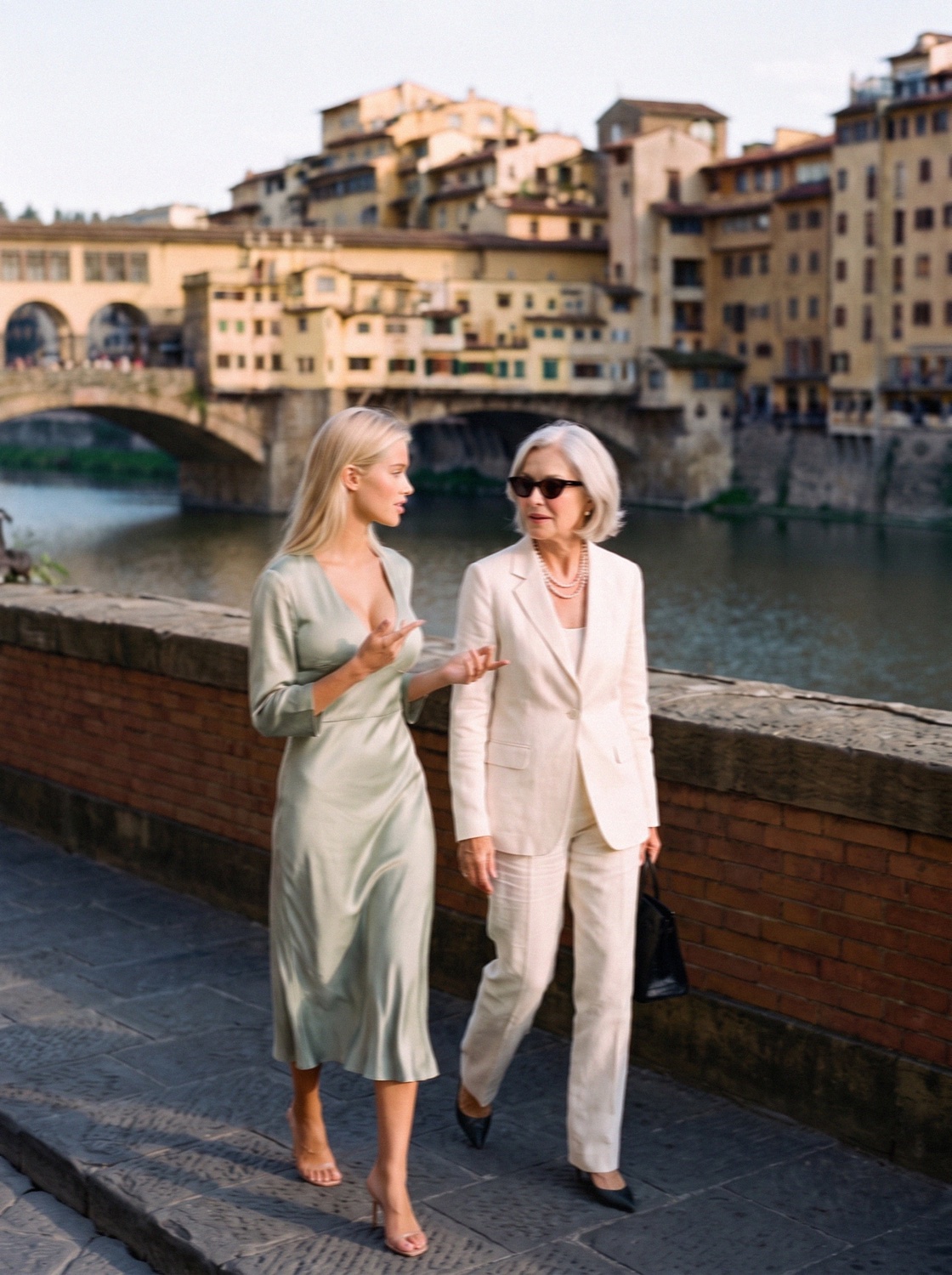 Victoria Vanderberg and her aunt walking by the Arno near the Ponte Vecchio in Florence