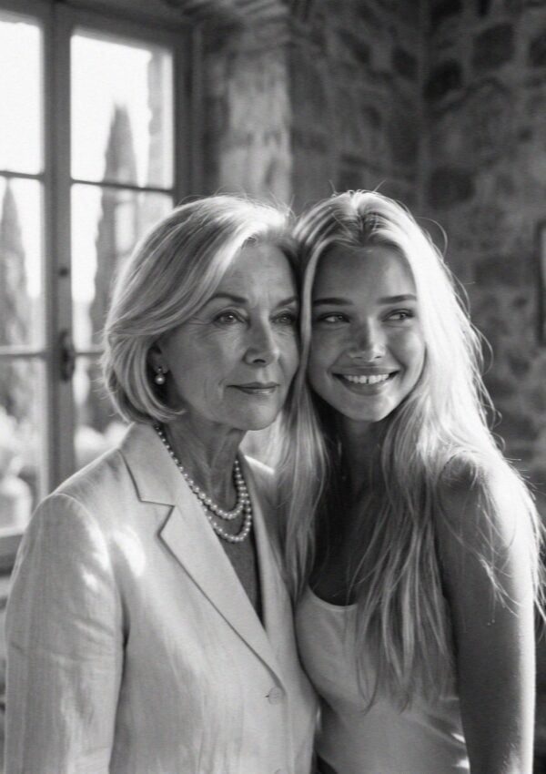 Black and white portrait of Victoria Vanderberg and her aunt in a Florence villa