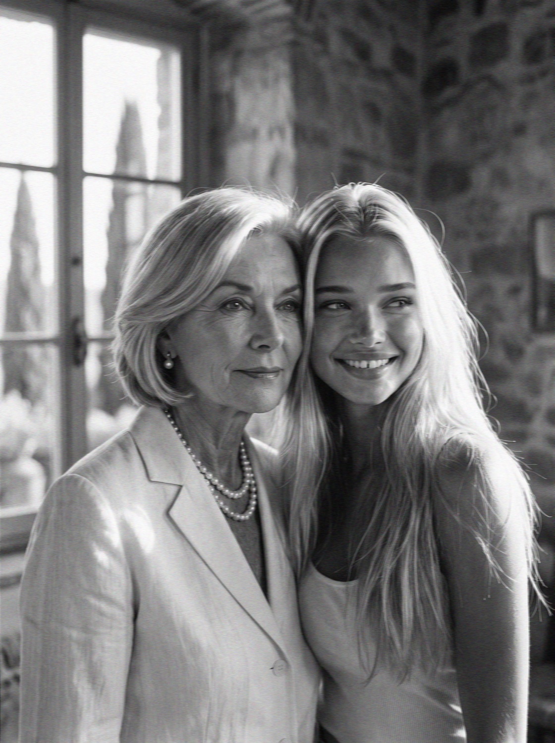 Black and white portrait of Victoria Vanderberg and her aunt in a Florence villa