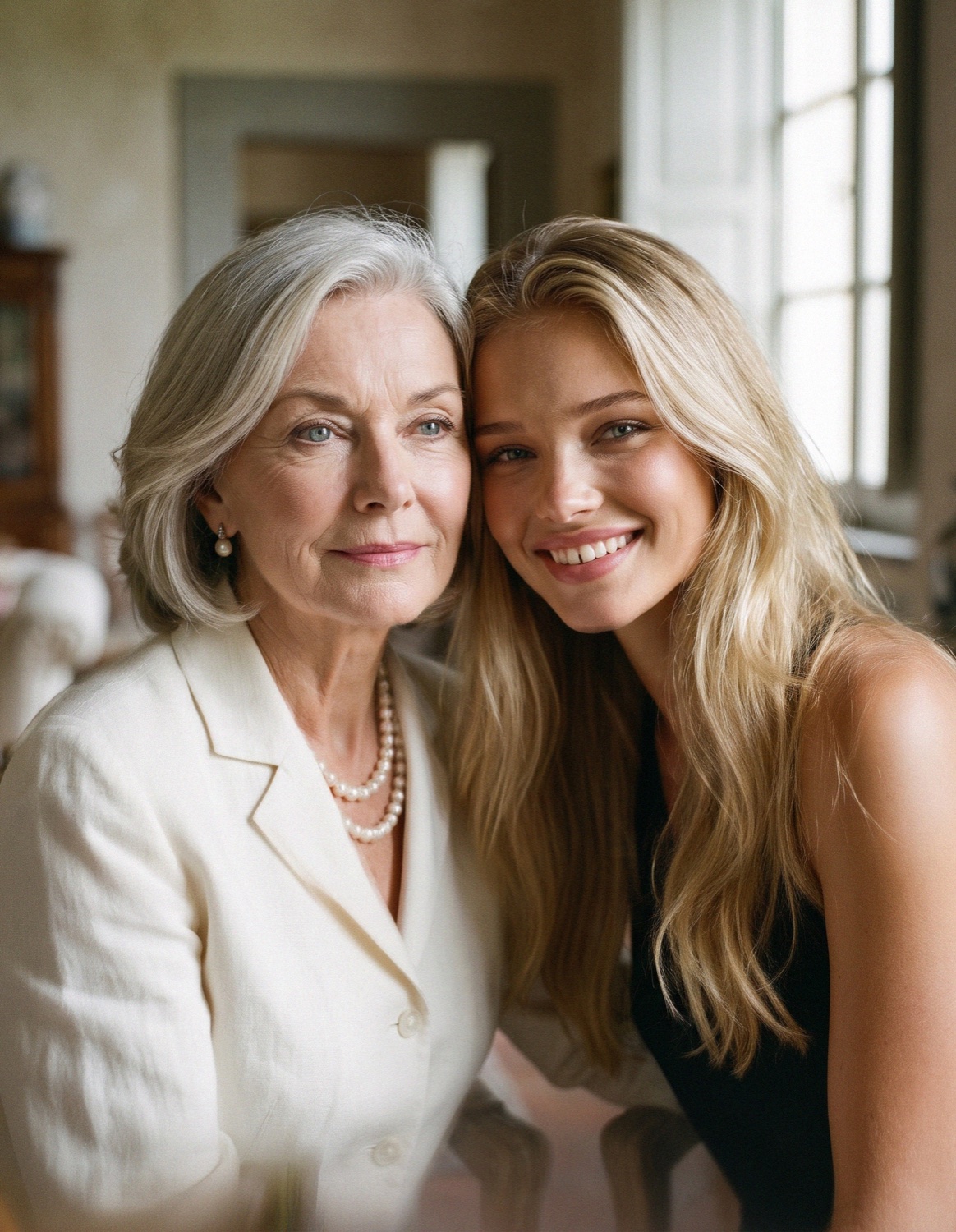 Victoria Vanderberg and her aunt smiling together at a sunlit Tuscan villa above Florence
