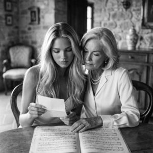 Victoria Vanderberg and her aunt reading old sheet music together in black and white