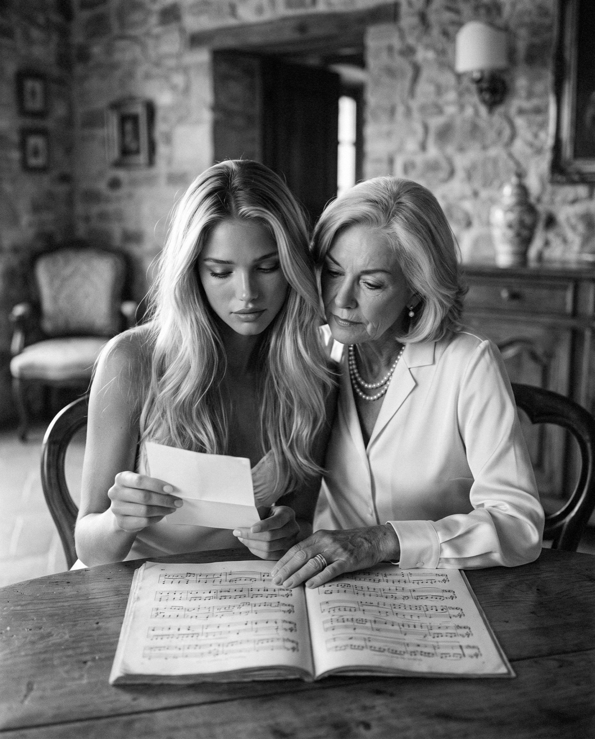 Victoria Vanderberg and her aunt reading old sheet music together in black and white