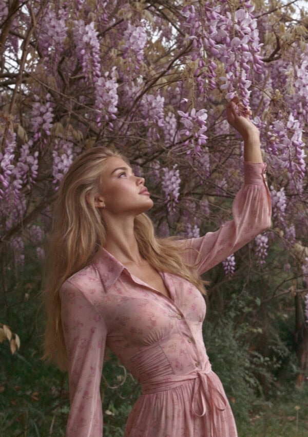 Victoria van der Berg reaching to the wisteria in the Bardini Garden in Florence
