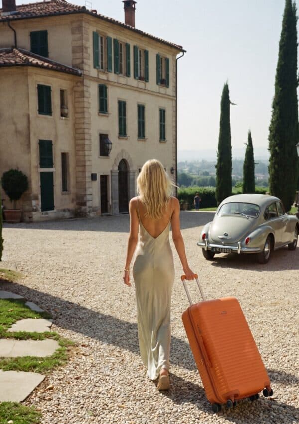 Victoria Vanderberg arriving with her suitcase at a Tuscan villa in the hills above Florence