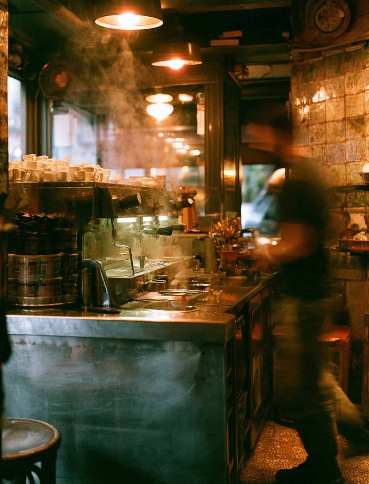 Steam rising inside a historic Naples espresso bar with a barista working at the machine