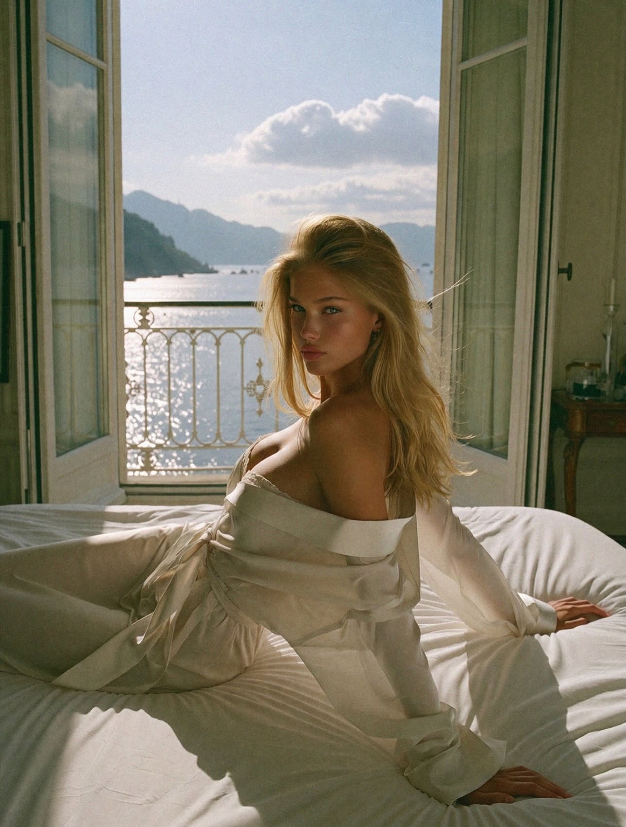 Victoria Van Der Berg in a silk robe on a white bed in a Naples hotel room with the Bay of Naples and mountains through the open window