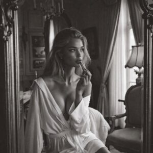Victoria Van Der Berg applying lipstick at an antique gilded vanity mirror in a Naples hotel room in black and white