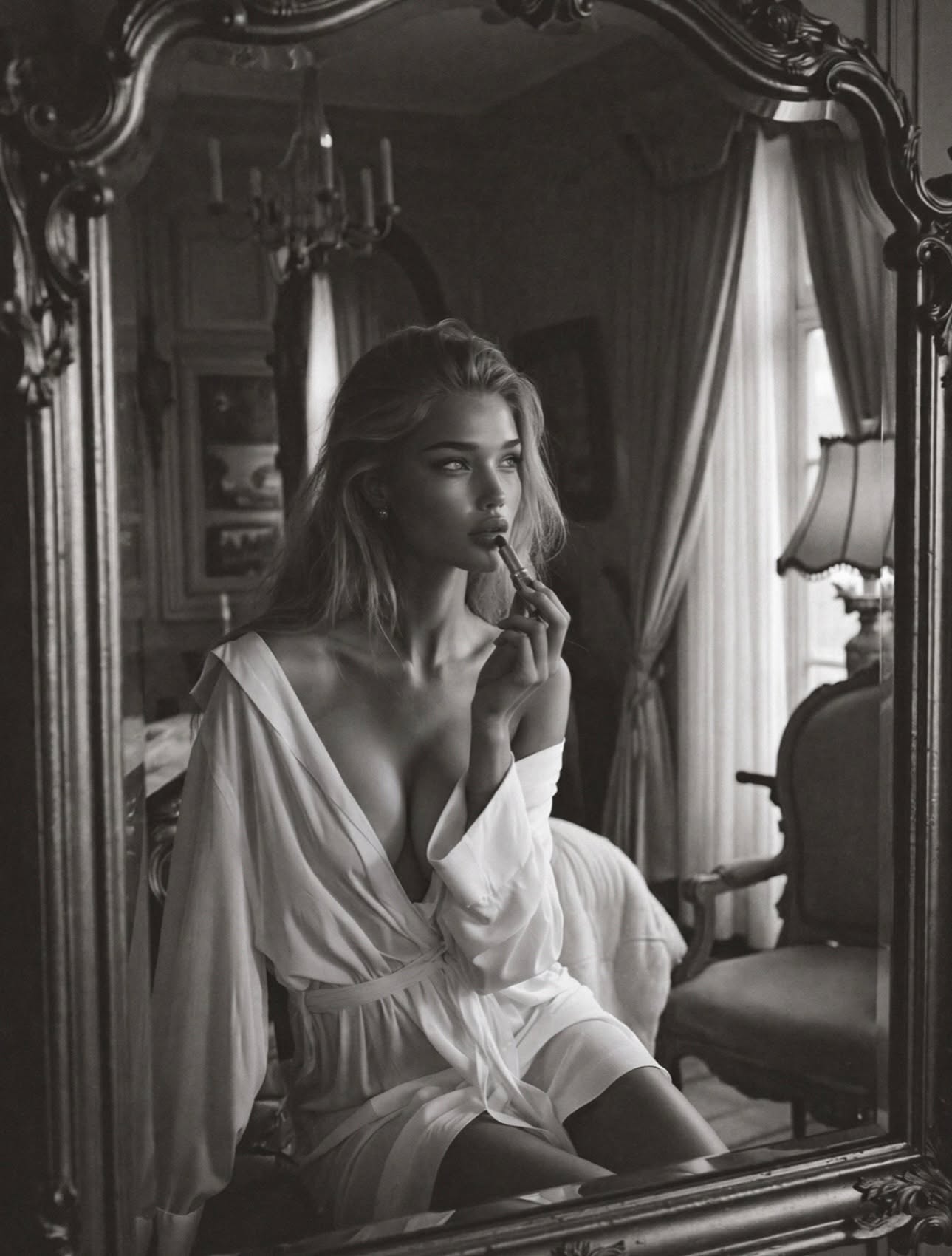 Victoria Van Der Berg applying lipstick at an antique gilded vanity mirror in a Naples hotel room in black and white