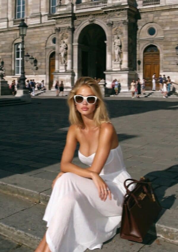 Victoria Van Der Berg in a white dress and white sunglasses seated on stone steps before a grand Naples palazzo