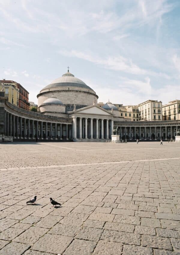 The wide semicircular colonnade and dome of San Francesco di Paola across Piazza del Plebiscito in Naples with two pigeons