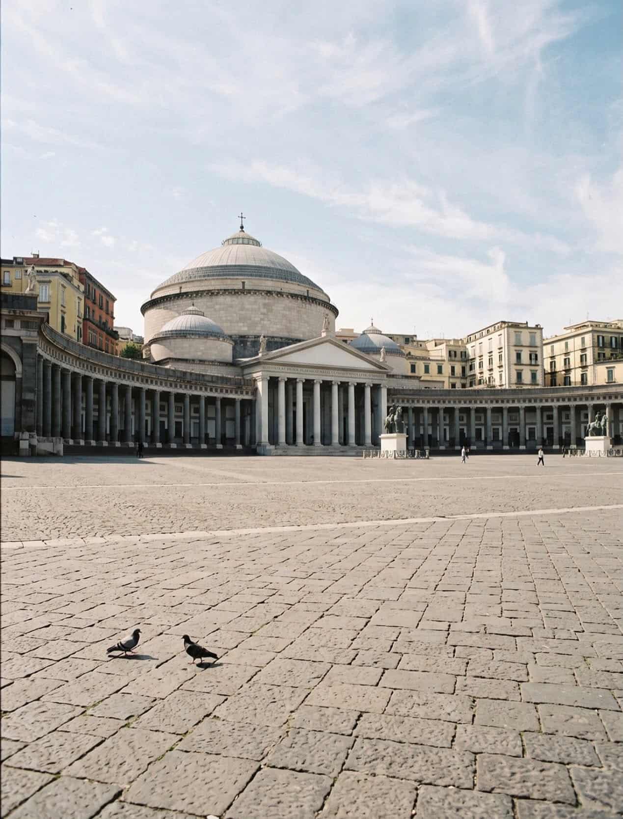 The wide semicircular colonnade and dome of San Francesco di Paola across Piazza del Plebiscito in Naples with two pigeons