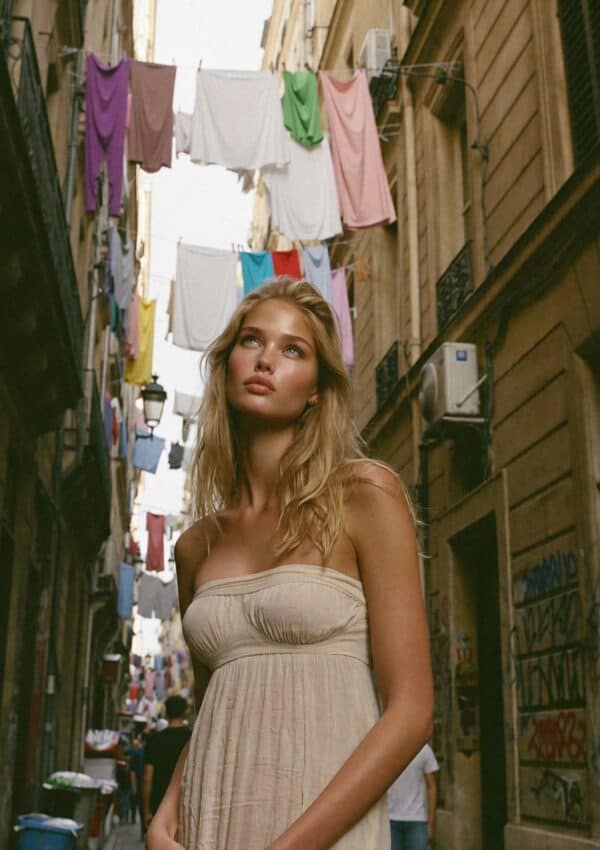 Victoria Van Der Berg looking up in a narrow Quartieri Spagnoli alley in Naples with colourful laundry strung between the balconies overhead
