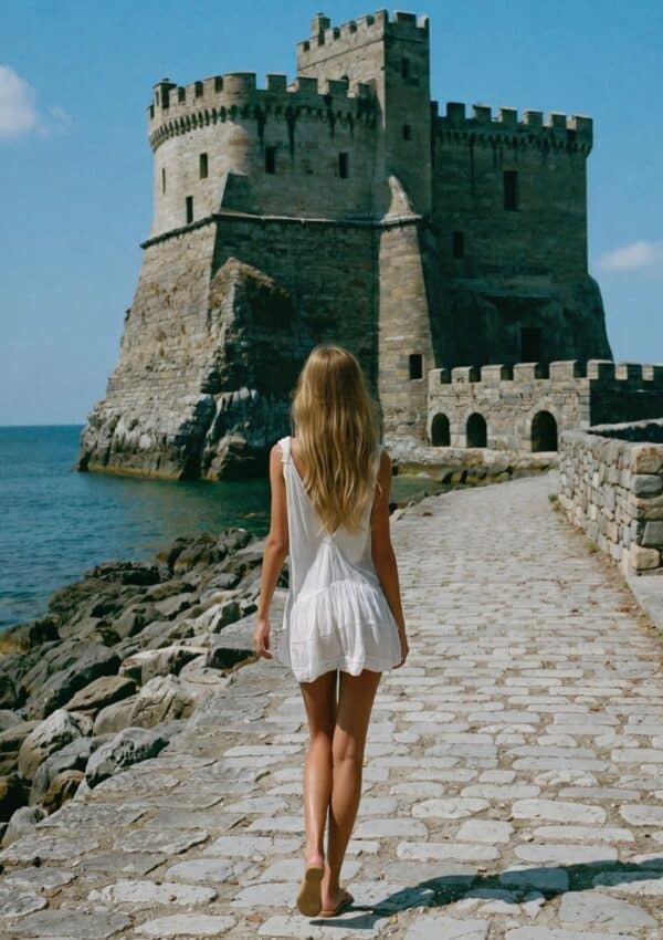 Victoria Van Der Berg walking a stone causeway toward an ancient coastal tower by the sea