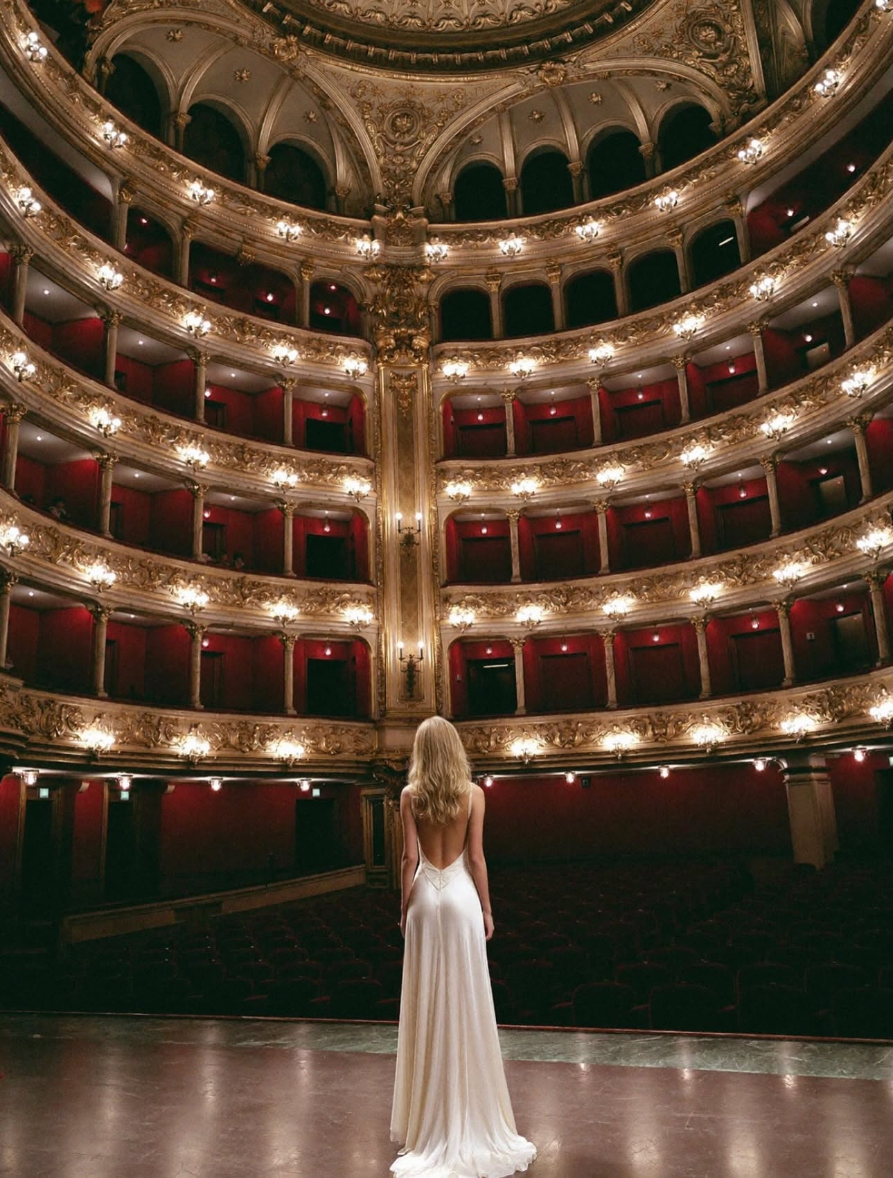 Victoria Van Der Berg standing on the empty stage of Teatro San Carlo opera house in Naples looking up at the red and gold tiers