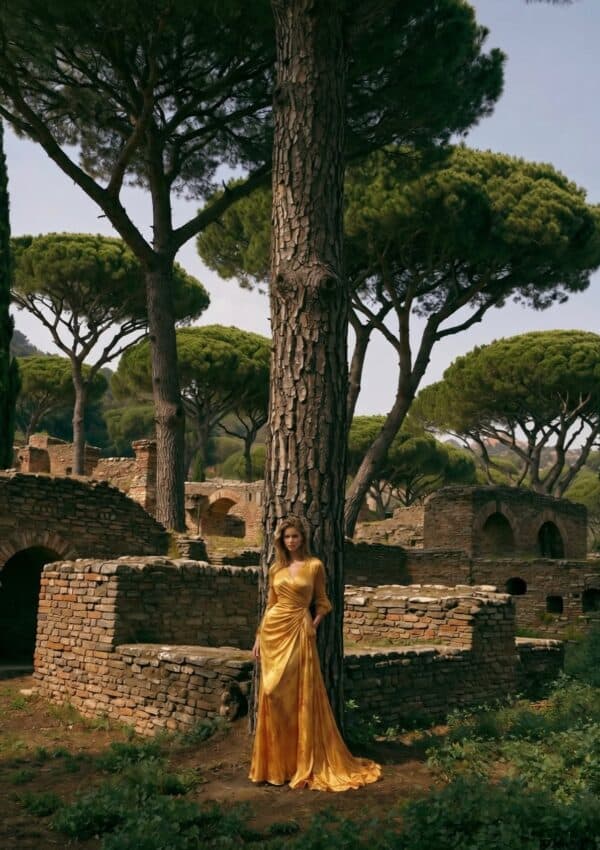 Victoria van der Berg among brick ruins beneath Rome umbrella pines