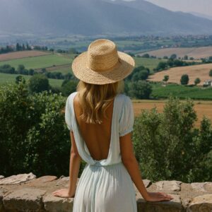 Victoria Van Der Berg in a straw hat looking out over the Tuscan hills