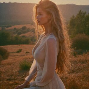 Victoria Van Der Berg in profile in a golden field in the Val d'Orcia at golden hour