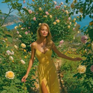 Victoria Vanderberg in a yellow dress walking through a rose garden above the Amalfi Coast