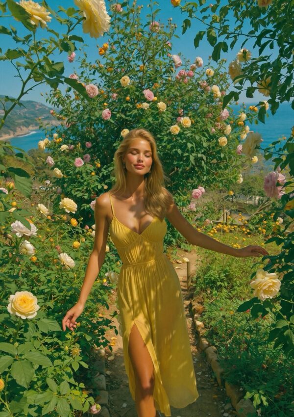 Victoria Vanderberg in a yellow dress walking through a rose garden above the Amalfi Coast
