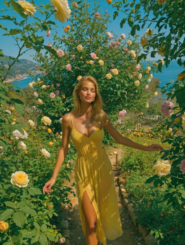 Victoria Vanderberg in a yellow dress walking through a rose garden above the Amalfi Coast