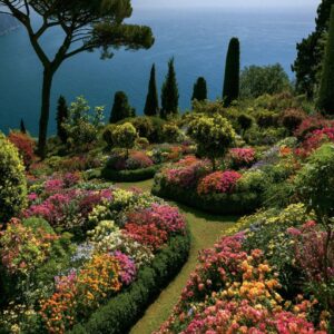 The terraced flower gardens of Villa Cimbrone in Ravello overlooking the Gulf of Salerno