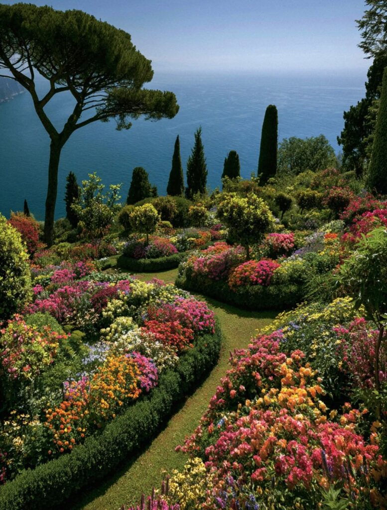 The terraced flower gardens of Villa Cimbrone in Ravello overlooking the Gulf of Salerno