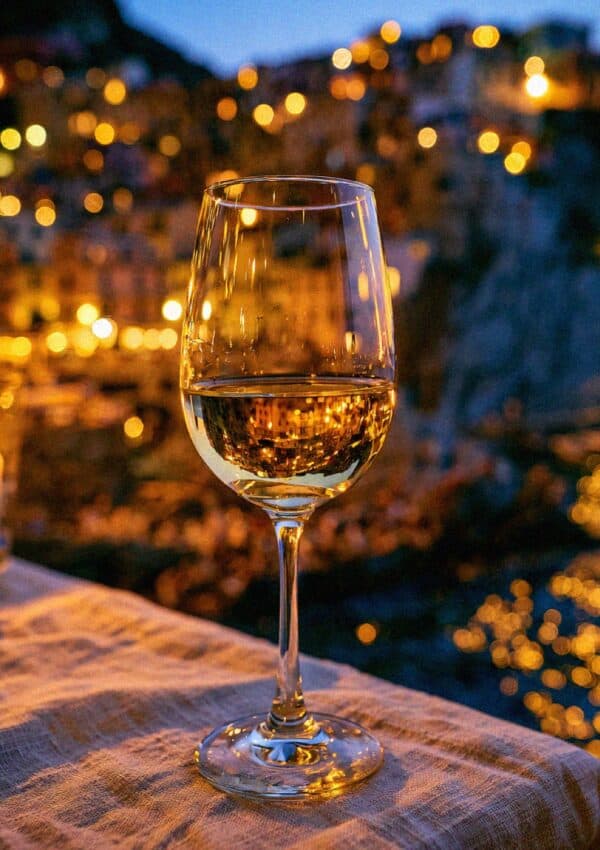 A glass of white wine with the lights of Manarola glowing behind it at dusk in Cinque Terre