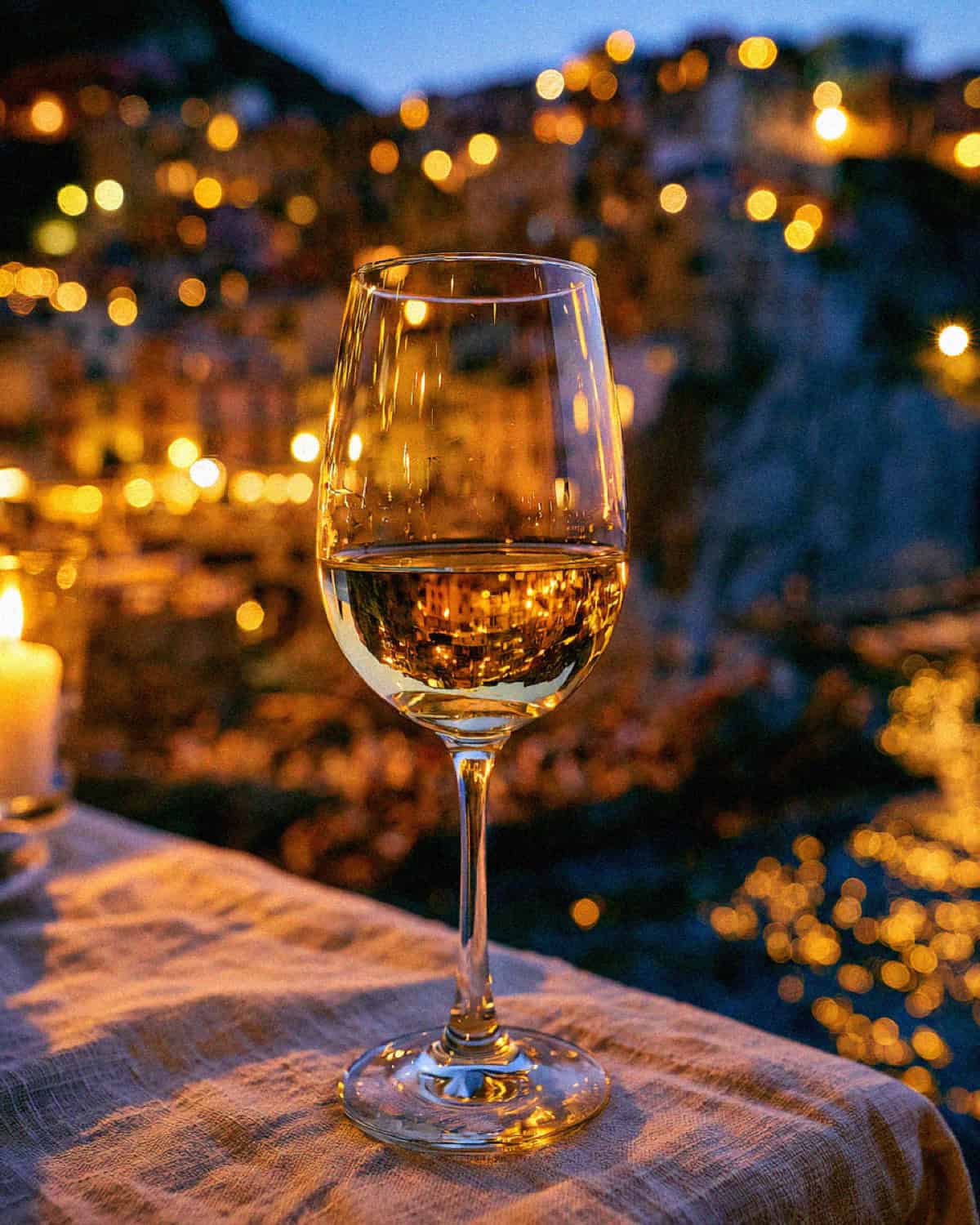 A glass of white wine with the lights of Manarola glowing behind it at dusk in Cinque Terre