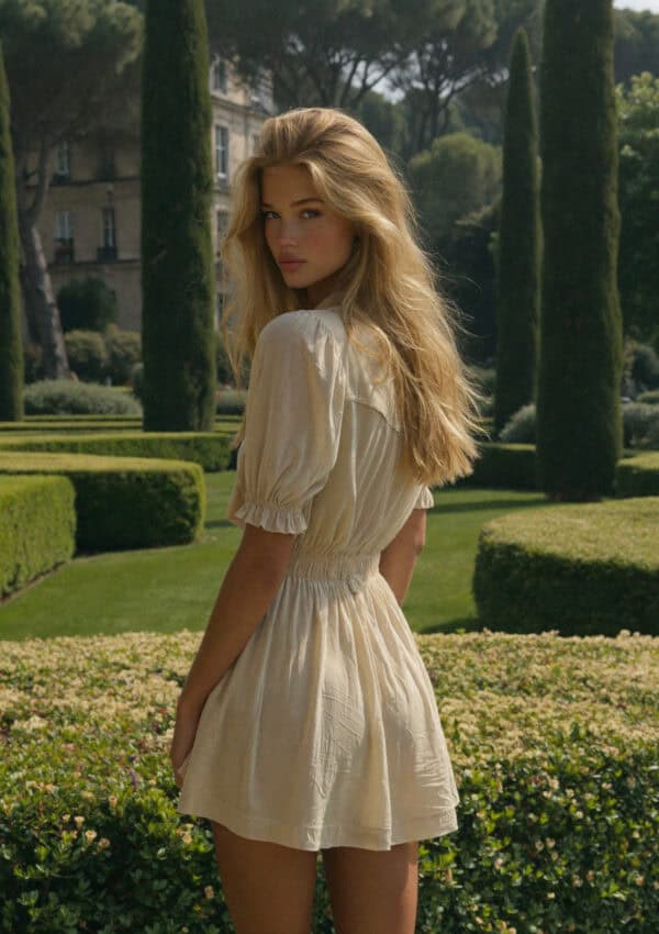 Victoria van der Berg among the clipped hedges and cypress avenues of Giardino Giusti in Verona