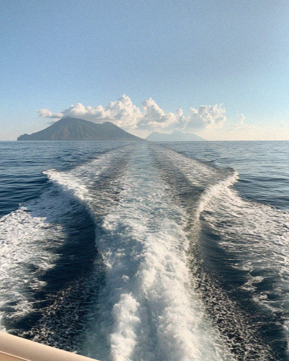 The wake of a boat crossing between the Aeolian Islands in Sicily