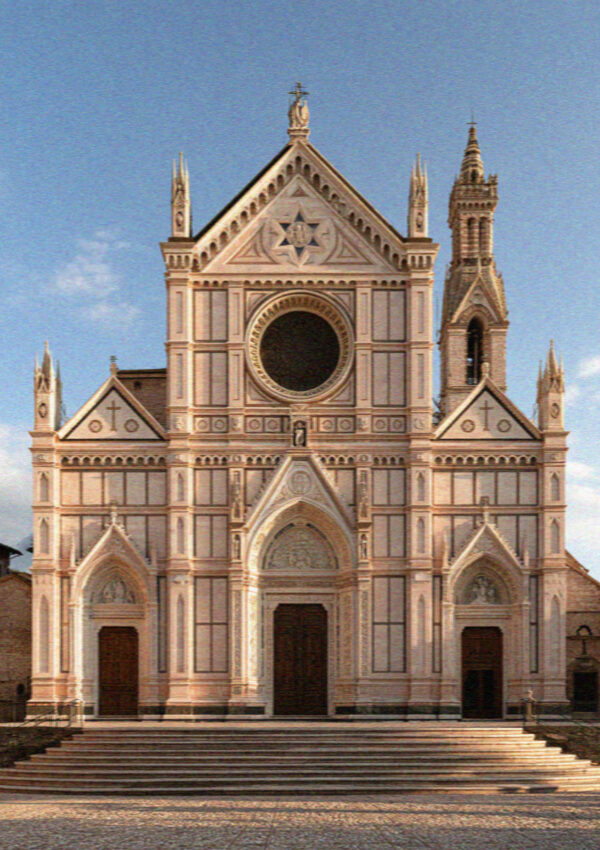 The facade of the Upper Basilica of San Francesco in Assisi with its Gothic rose window