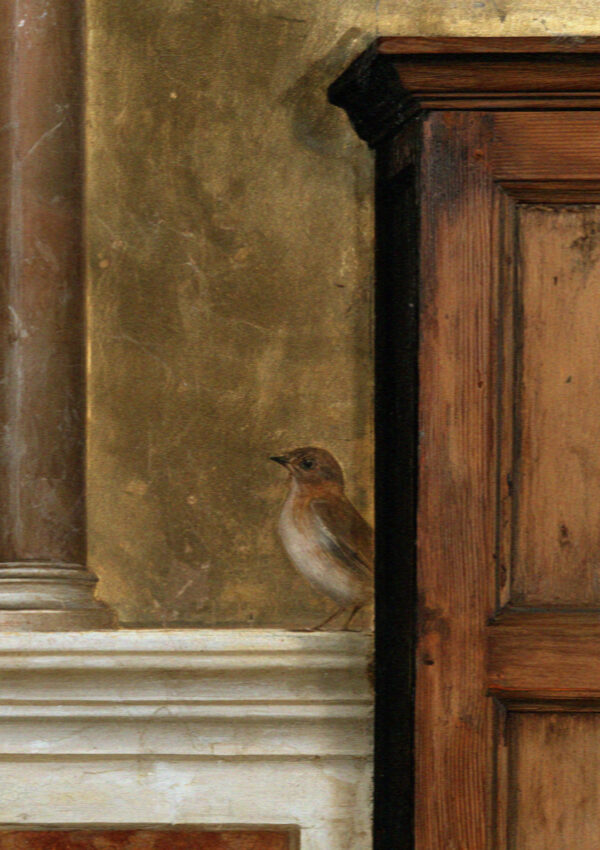 Tight detail of a medieval Italian fresco showing a small bird on a painted sill beside a wooden door