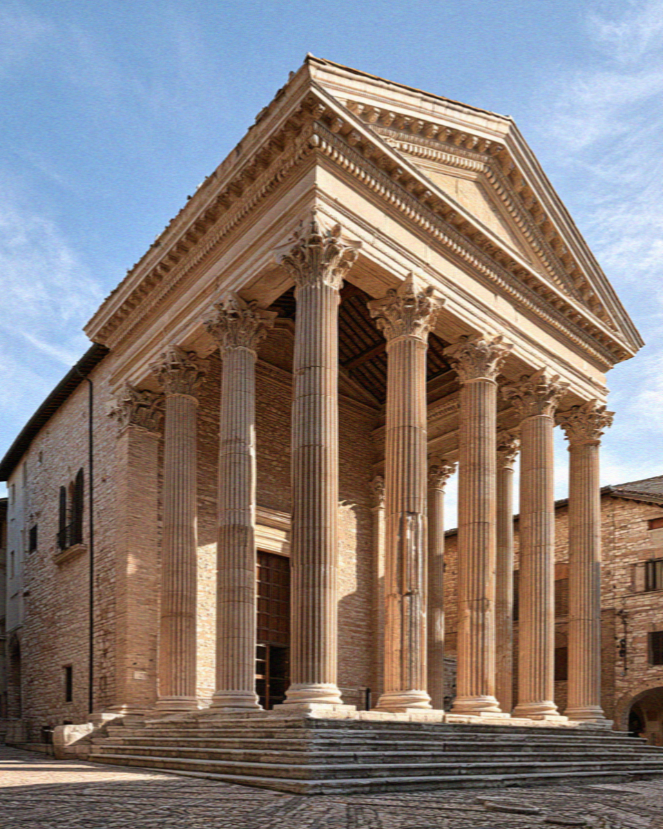 The Temple of Minerva in Assisi, six first-century Corinthian columns on the main square