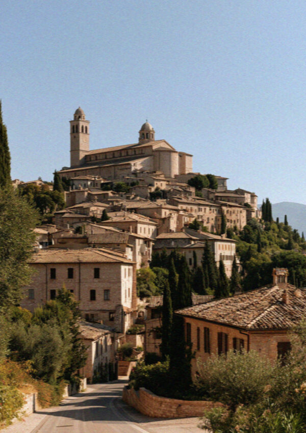 The pale stone hill town of Assisi stacked up its hillside in flat hard August sun