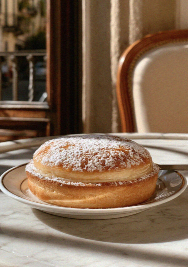 A sugar-dusted cake on a marble table in Bergamo