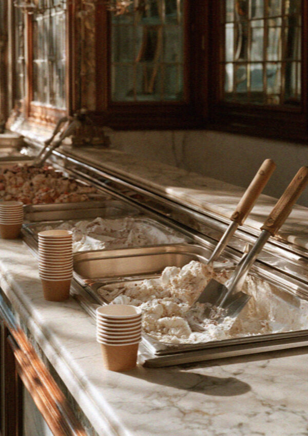 A gelato counter with tubs and cups in Bergamo