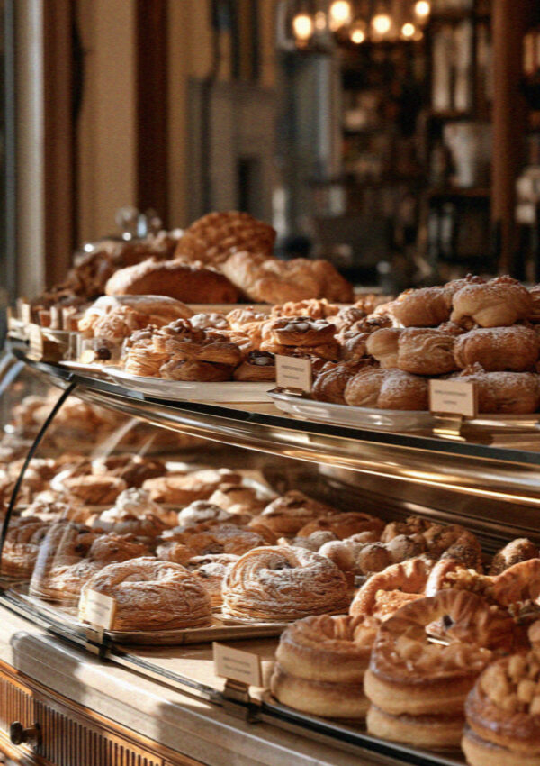 A pasticceria case full of pastries in Bergamo